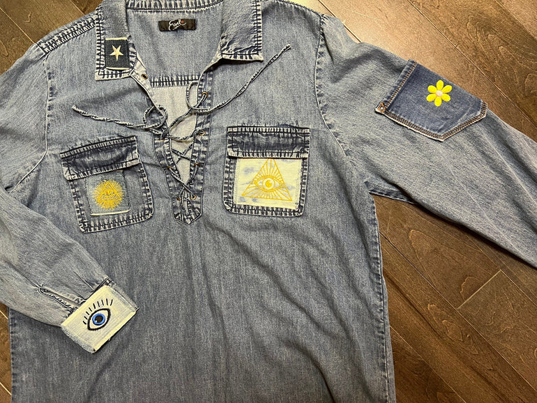 Protective PYRAMID EYE of Providence denim patch 2 X 2 Decal Iron On Pin Egyptian Masonic symbols frayed fringed edges Appliques & Patches