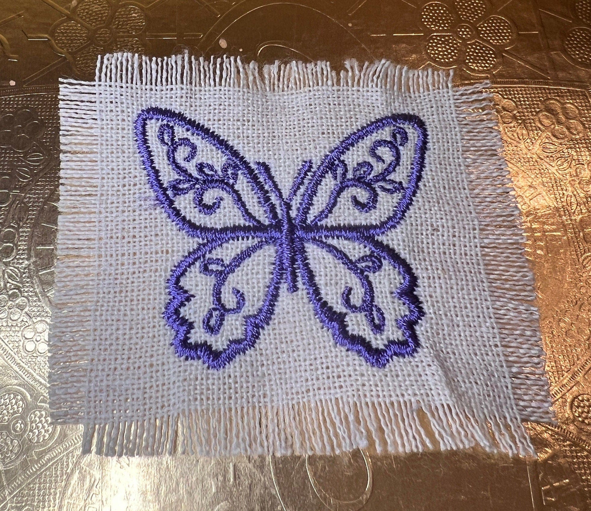 Purple BUTTERFLY white Linen SOULE PATCH - Lightweight thin Embroidered hand 2X2 Iron On decal patchwork butterflies lilac embroidery small Appliques & Patches