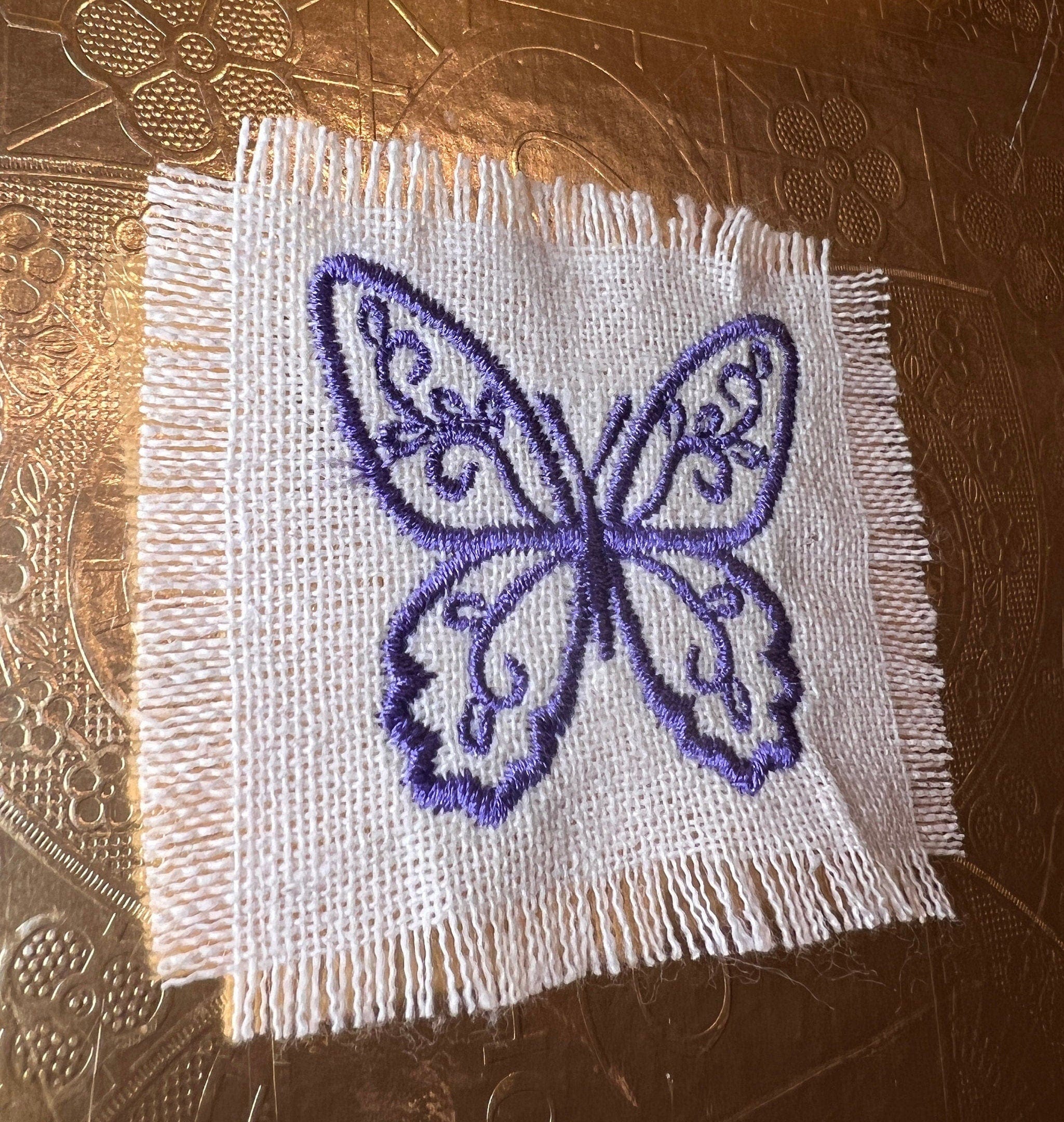 Purple BUTTERFLY white Linen SOULE PATCH - Lightweight thin Embroidered hand 2X2 Iron On decal patchwork butterflies lilac embroidery small Appliques & Patches