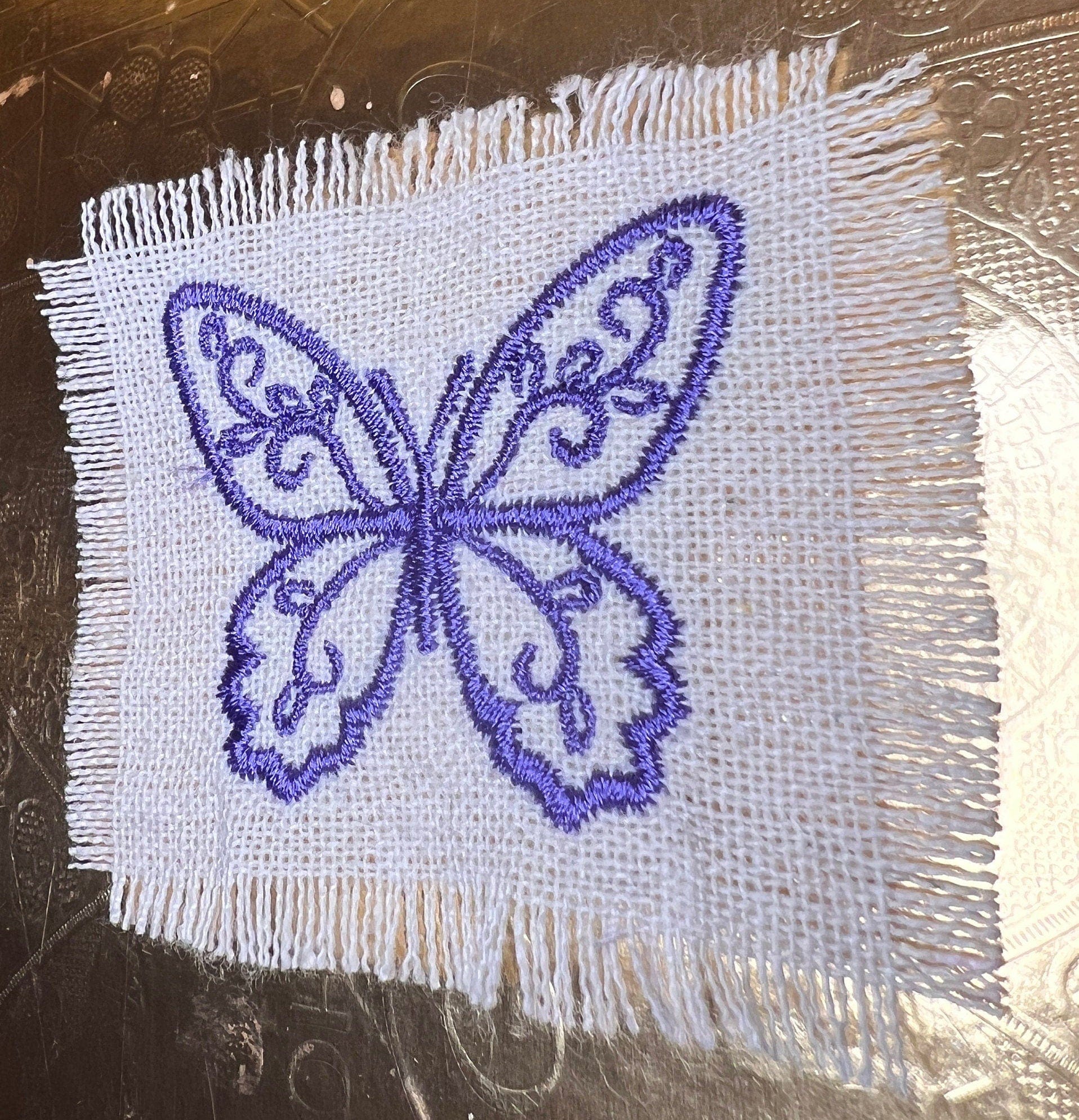 Purple BUTTERFLY white Linen SOULE PATCH - Lightweight thin Embroidered hand 2X2 Iron On decal patchwork butterflies lilac embroidery small Appliques & Patches