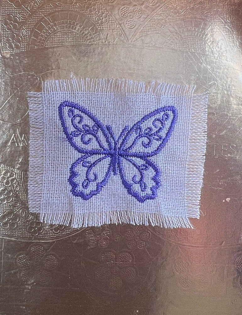 Purple BUTTERFLY white Linen SOULE PATCH - Lightweight thin Embroidered hand 2X2 Iron On decal patchwork butterflies lilac embroidery small Appliques & Patches