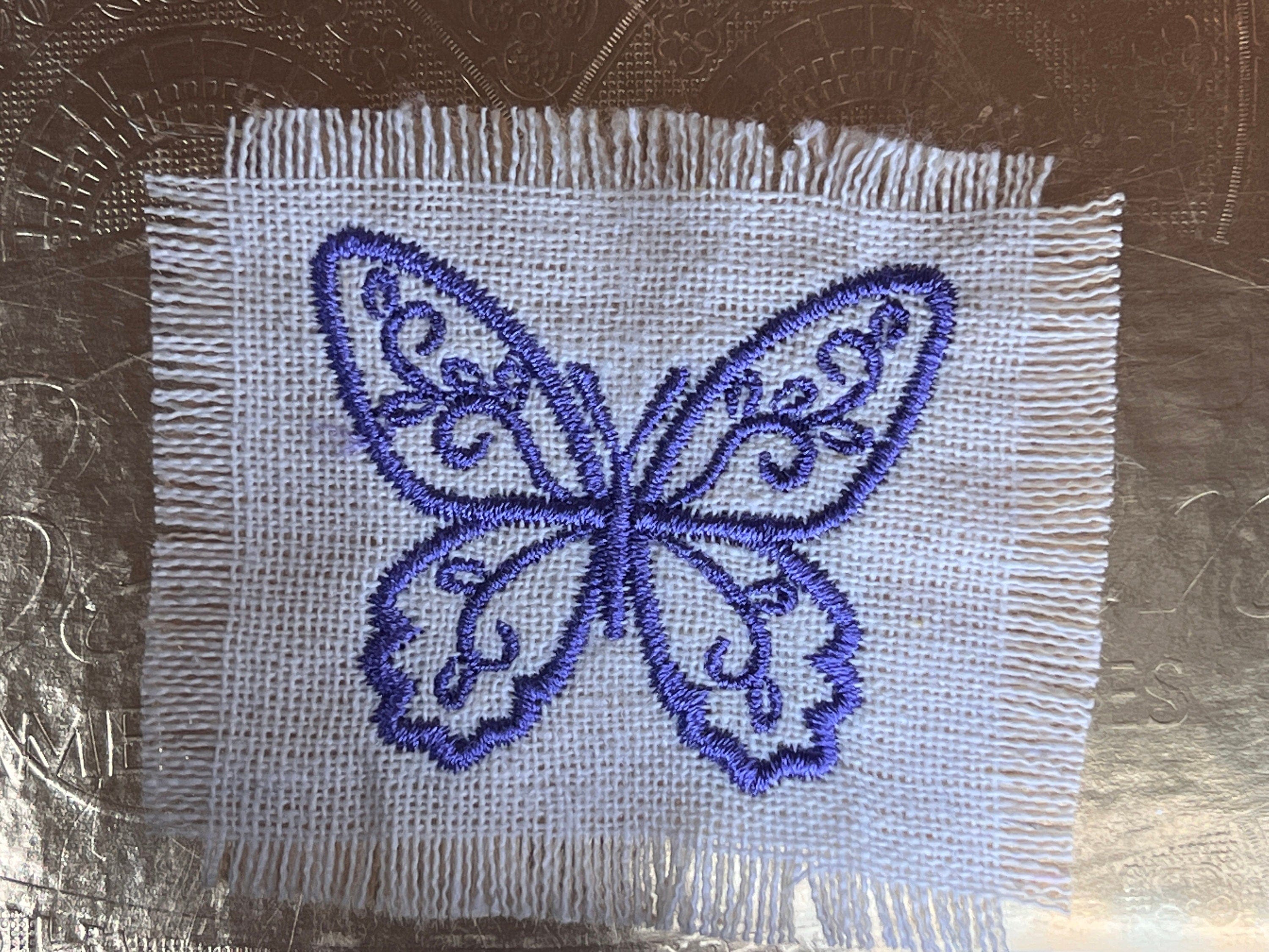 Purple BUTTERFLY white Linen SOULE PATCH - Lightweight thin Embroidered hand 2X2 Iron On decal patchwork butterflies lilac embroidery small Appliques & Patches
