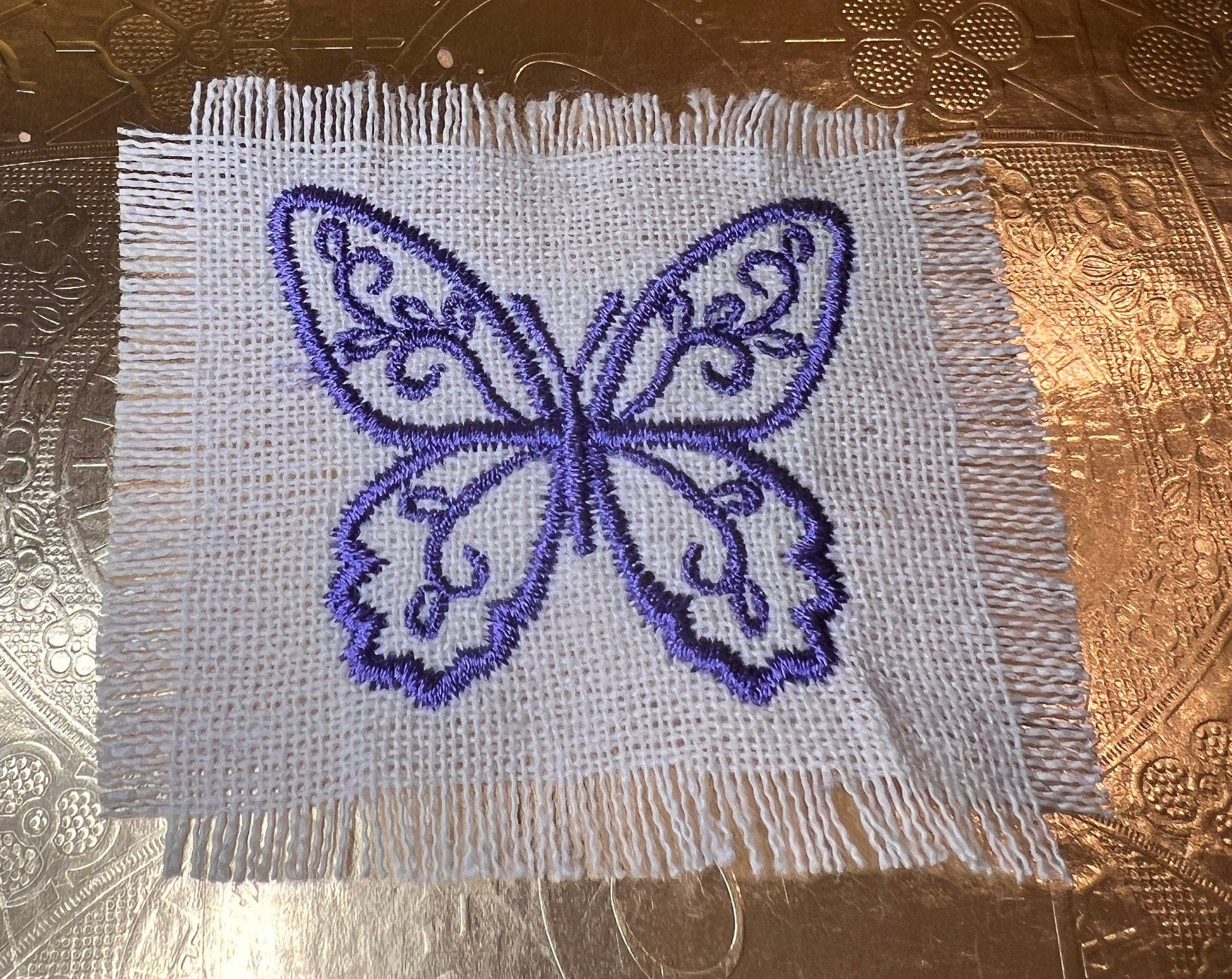 Purple BUTTERFLY white Linen SOULE PATCH - Lightweight thin Embroidered hand 2X2 Iron On decal patchwork butterflies lilac embroidery small Appliques & Patches