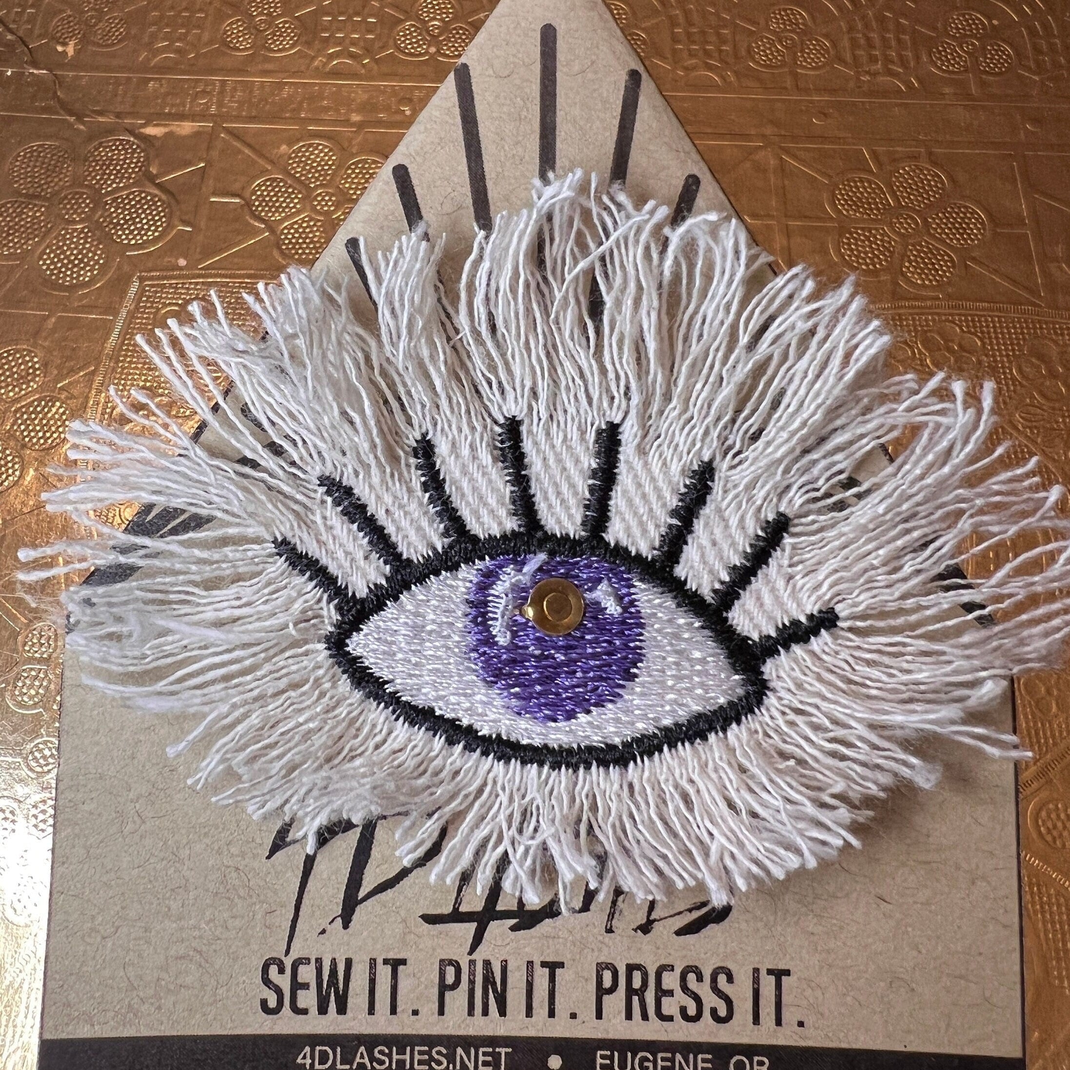 Purple Evil EYE Patch Destroyed Shredded Denim GOOD KARMA Handmade Embroidery Protect Talisman Decal Bridal Party Bachelorette office gift Brooches & Lapel Pins