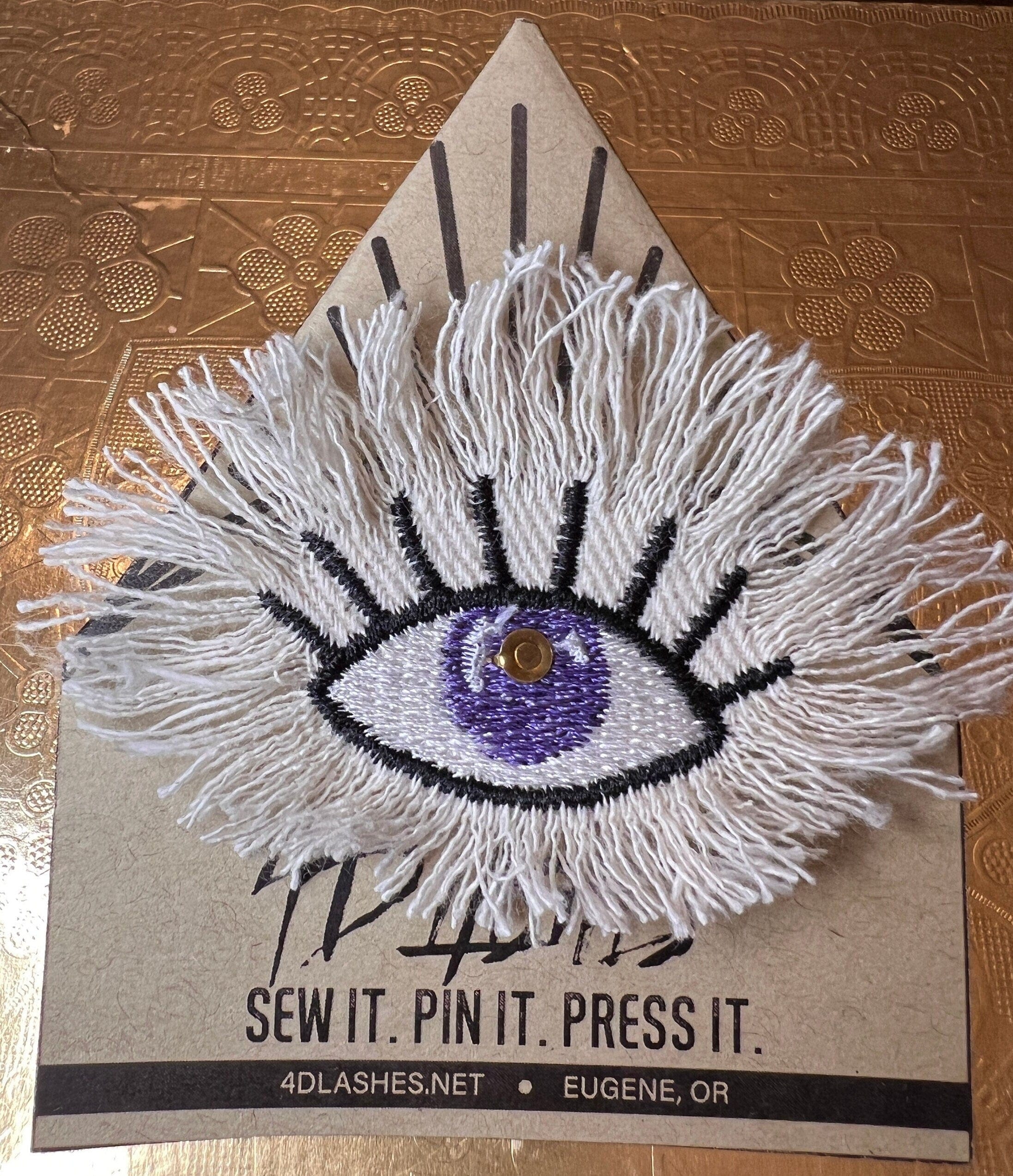 Purple Evil EYE Patch Destroyed Shredded Denim GOOD KARMA Handmade Embroidery Protect Talisman Decal Bridal Party Bachelorette office gift Brooches & Lapel Pins