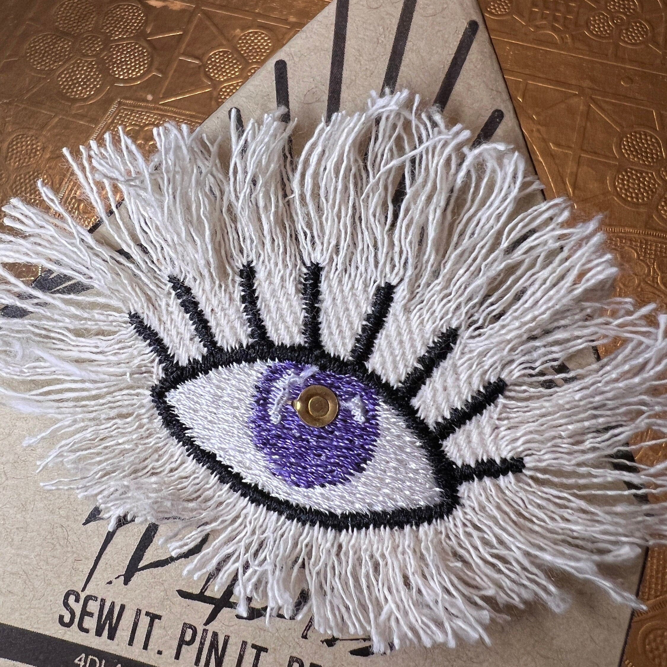 Purple Evil EYE Patch Destroyed Shredded Denim GOOD KARMA Handmade Embroidery Protect Talisman Decal Bridal Party Bachelorette office gift Brooches & Lapel Pins