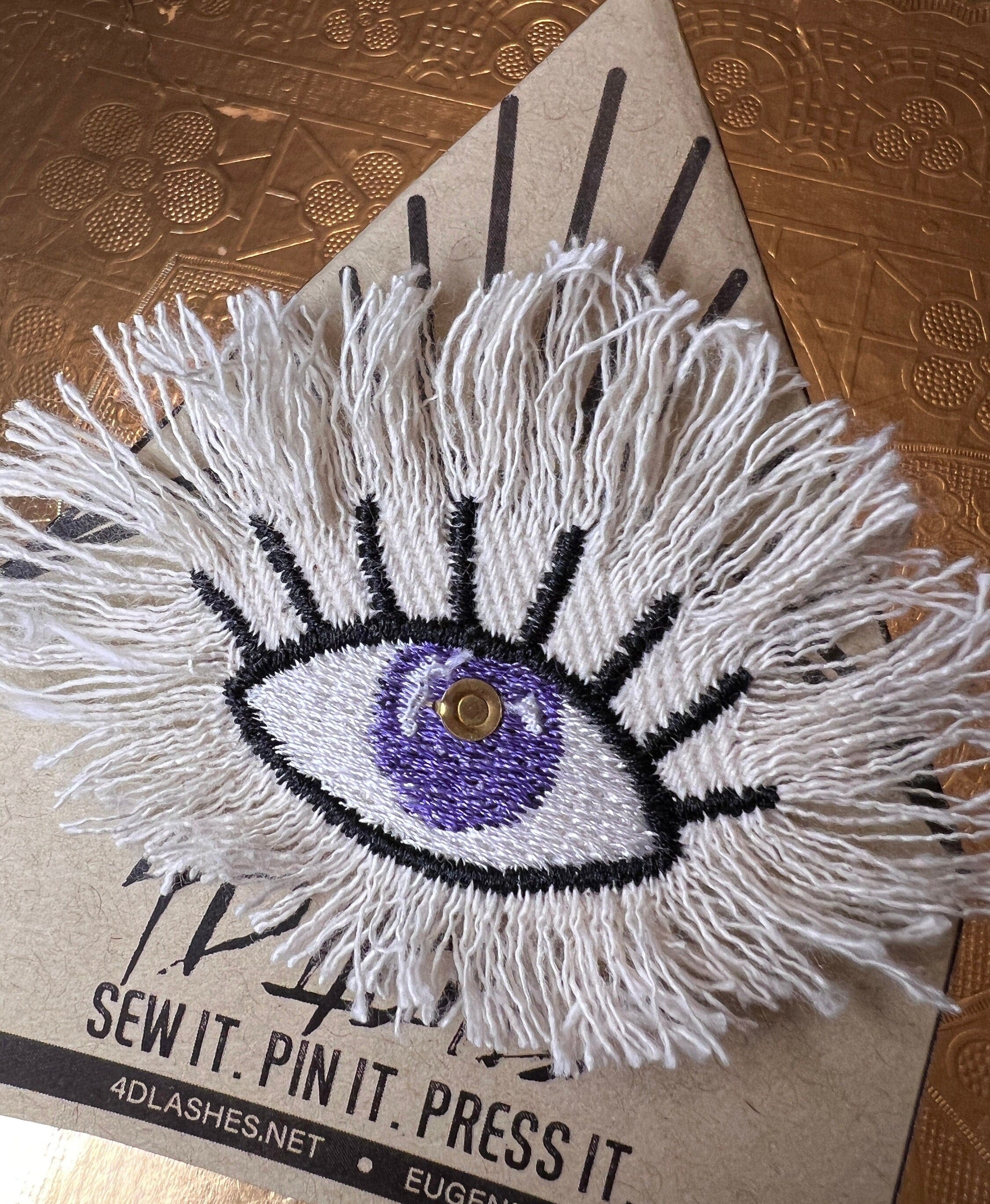 Purple Evil EYE Patch Destroyed Shredded Denim GOOD KARMA Handmade Embroidery Protect Talisman Decal Bridal Party Bachelorette office gift Brooches & Lapel Pins