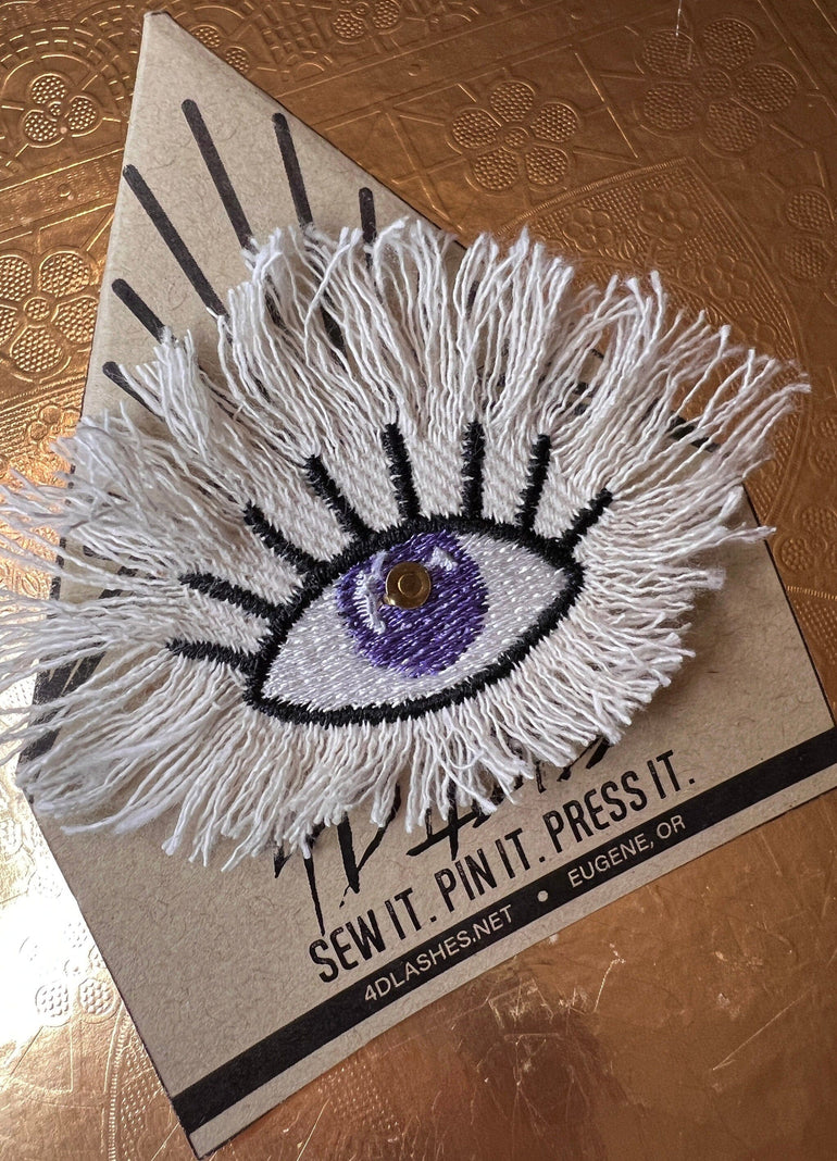 Purple Evil EYE Patch Destroyed Shredded Denim GOOD KARMA Handmade Embroidery Protect Talisman Decal Bridal Party Bachelorette office gift Brooches & Lapel Pins