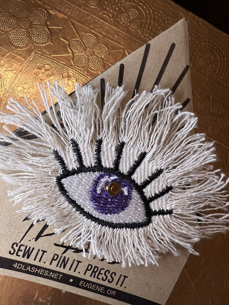 Purple Evil EYE Patch Destroyed Shredded Denim GOOD KARMA Handmade Embroidery Protect Talisman Decal Bridal Party Bachelorette office gift Brooches & Lapel Pins