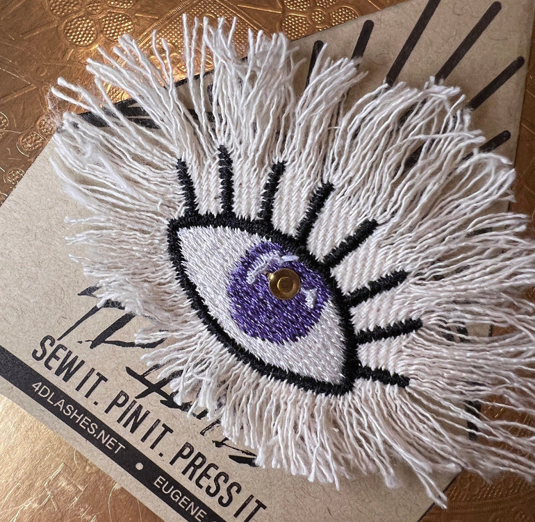Purple Evil EYE Patch Destroyed Shredded Denim GOOD KARMA Handmade Embroidery Protect Talisman Decal Bridal Party Bachelorette office gift Brooches & Lapel Pins