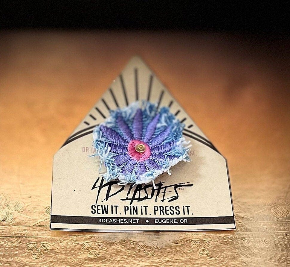 PURPLE FLOWER fringe Pin DECAL tie tack Handmade Embroidered Bleached Denim Frayed Lapel Patch Pin included art iron on unique ironon Brooches & Lapel Pins