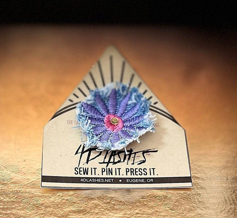 PURPLE FLOWER fringe Pin DECAL tie tack Handmade Embroidered Bleached Denim Frayed Lapel Patch Pin included art iron on unique ironon Brooches & Lapel Pins
