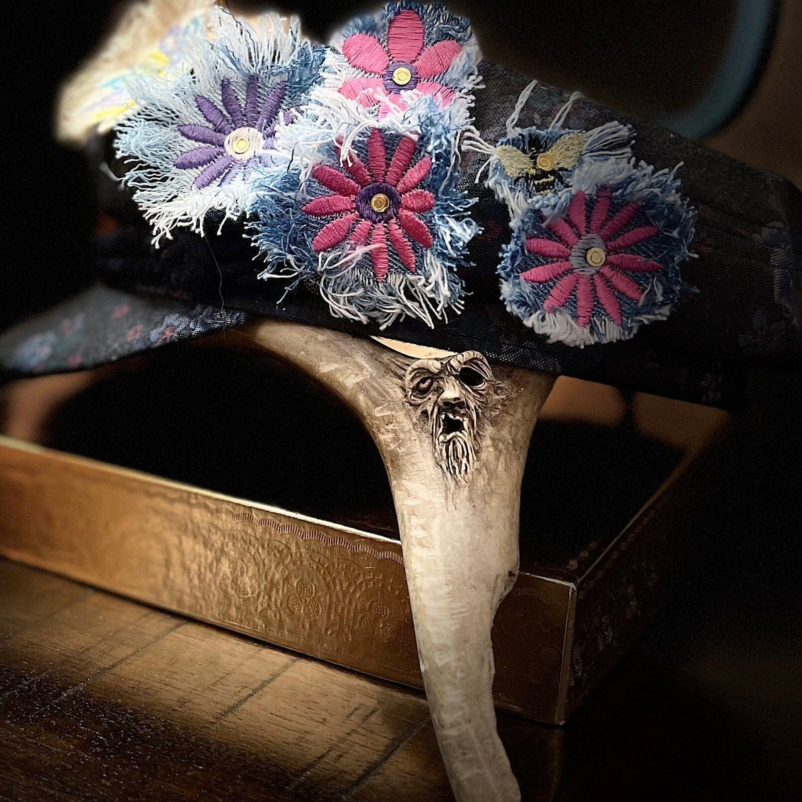PURPLE FLOWER fringe Pin DECAL tie tack Handmade Embroidered Bleached Denim Frayed Lapel Patch Pin included art iron on unique ironon Brooches & Lapel Pins