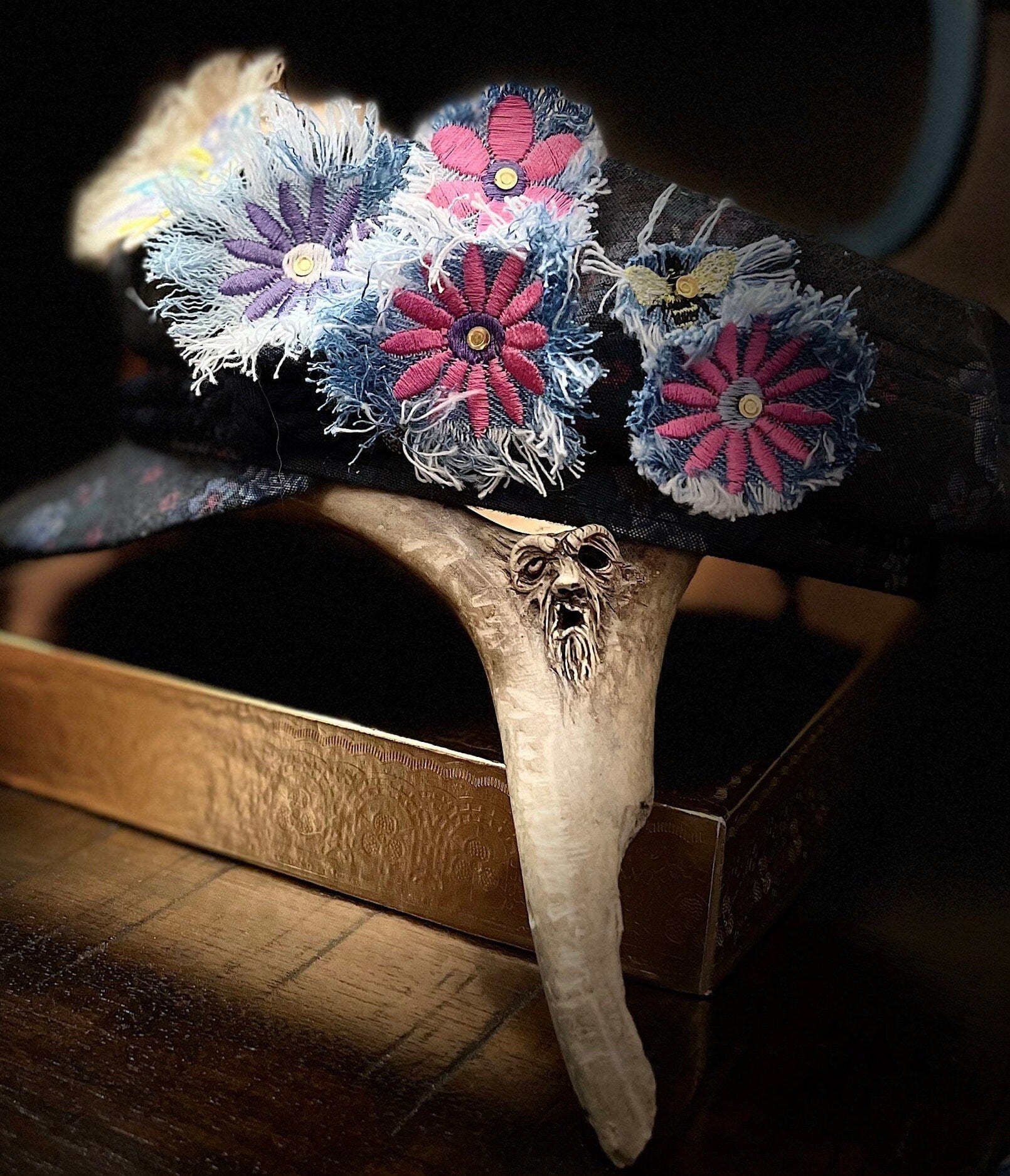 PURPLE FLOWER fringe Pin DECAL tie tack Handmade Embroidered Bleached Denim Frayed Lapel Patch Pin included art iron on unique ironon Brooches & Lapel Pins