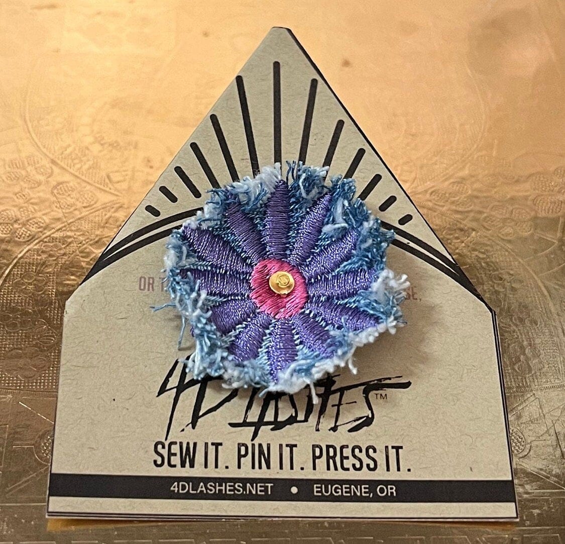 PURPLE FLOWER fringe Pin DECAL tie tack Handmade Embroidered Bleached Denim Frayed Lapel Patch Pin included art iron on unique ironon Brooches & Lapel Pins