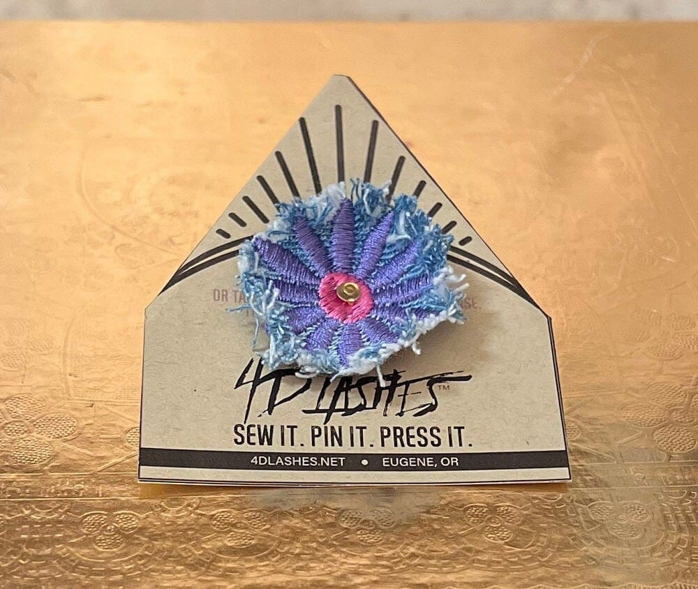 PURPLE FLOWER fringe Pin DECAL tie tack Handmade Embroidered Bleached Denim Frayed Lapel Patch Pin included art iron on unique ironon Brooches & Lapel Pins