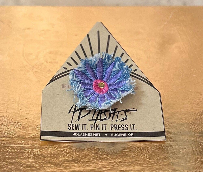 PURPLE FLOWER fringe Pin DECAL tie tack Handmade Embroidered Bleached Denim Frayed Lapel Patch Pin included art iron on unique ironon Brooches & Lapel Pins