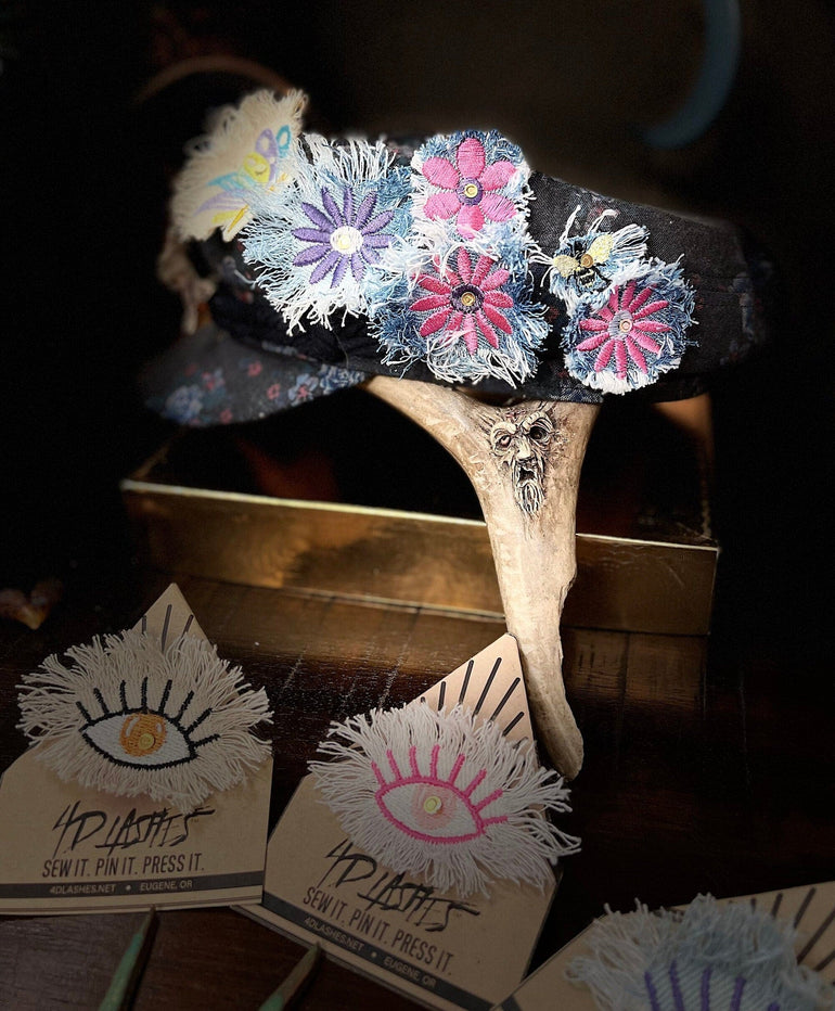 PURPLE FLOWER fringe Pin DECAL tie tack Handmade Embroidered Bleached Denim Frayed Lapel Patch Pin included art iron on unique ironon Brooches & Lapel Pins