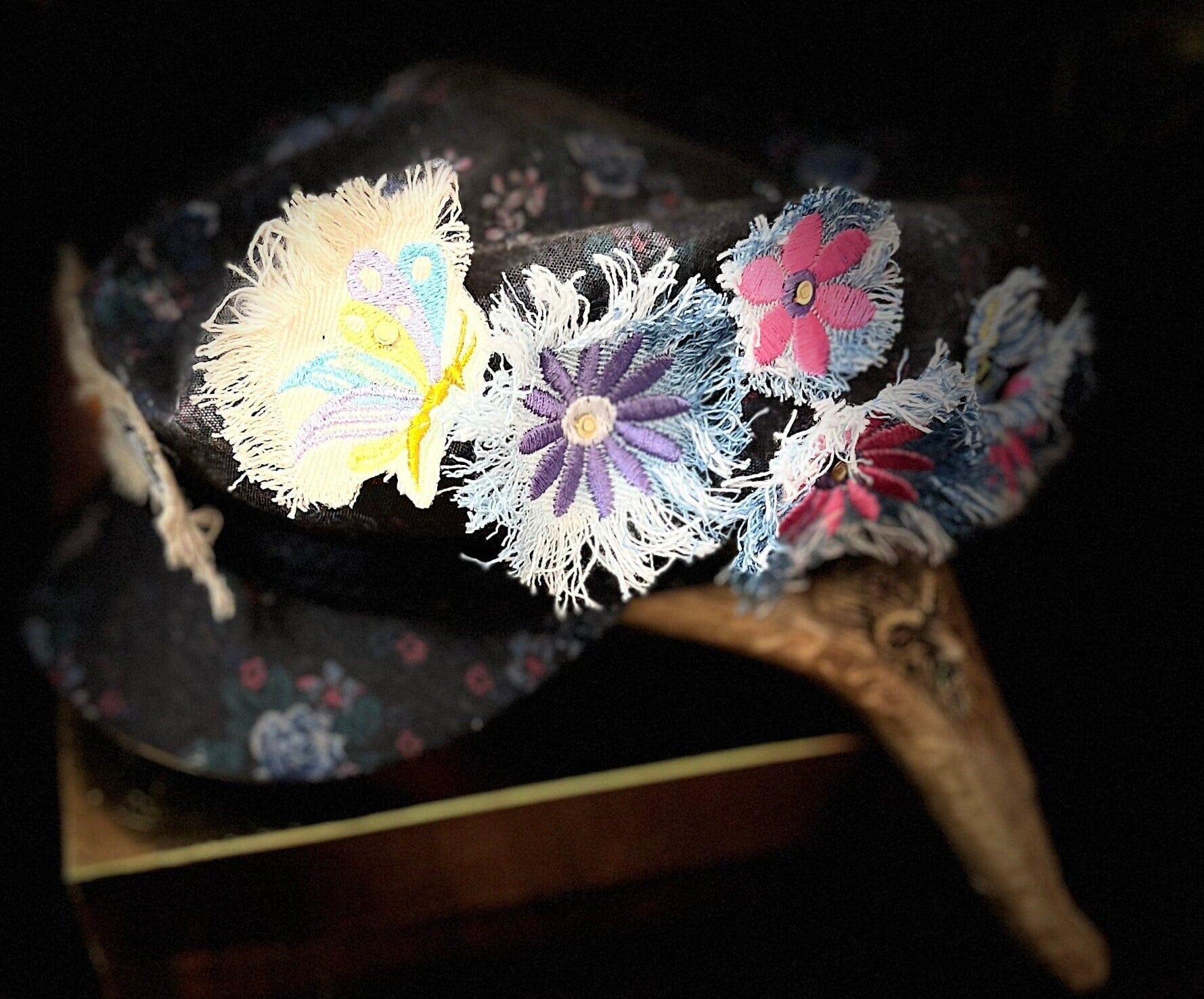 PURPLE FLOWER fringe Pin DECAL tie tack Handmade Embroidered Bleached Denim Frayed Lapel Patch Pin included art iron on unique ironon Brooches & Lapel Pins