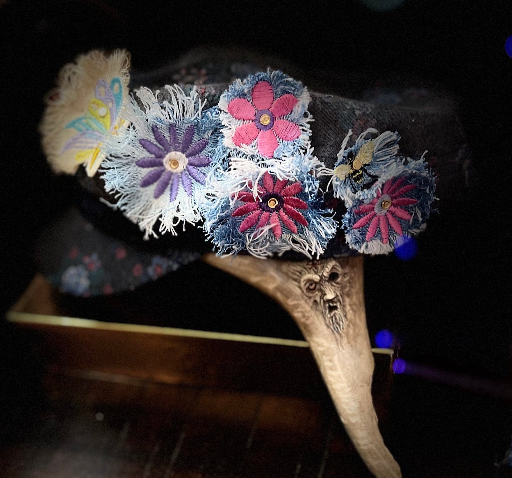 PURPLE FLOWER fringe Pin DECAL tie tack Handmade Embroidered Bleached Denim Frayed Lapel Patch Pin included art iron on unique ironon Brooches & Lapel Pins