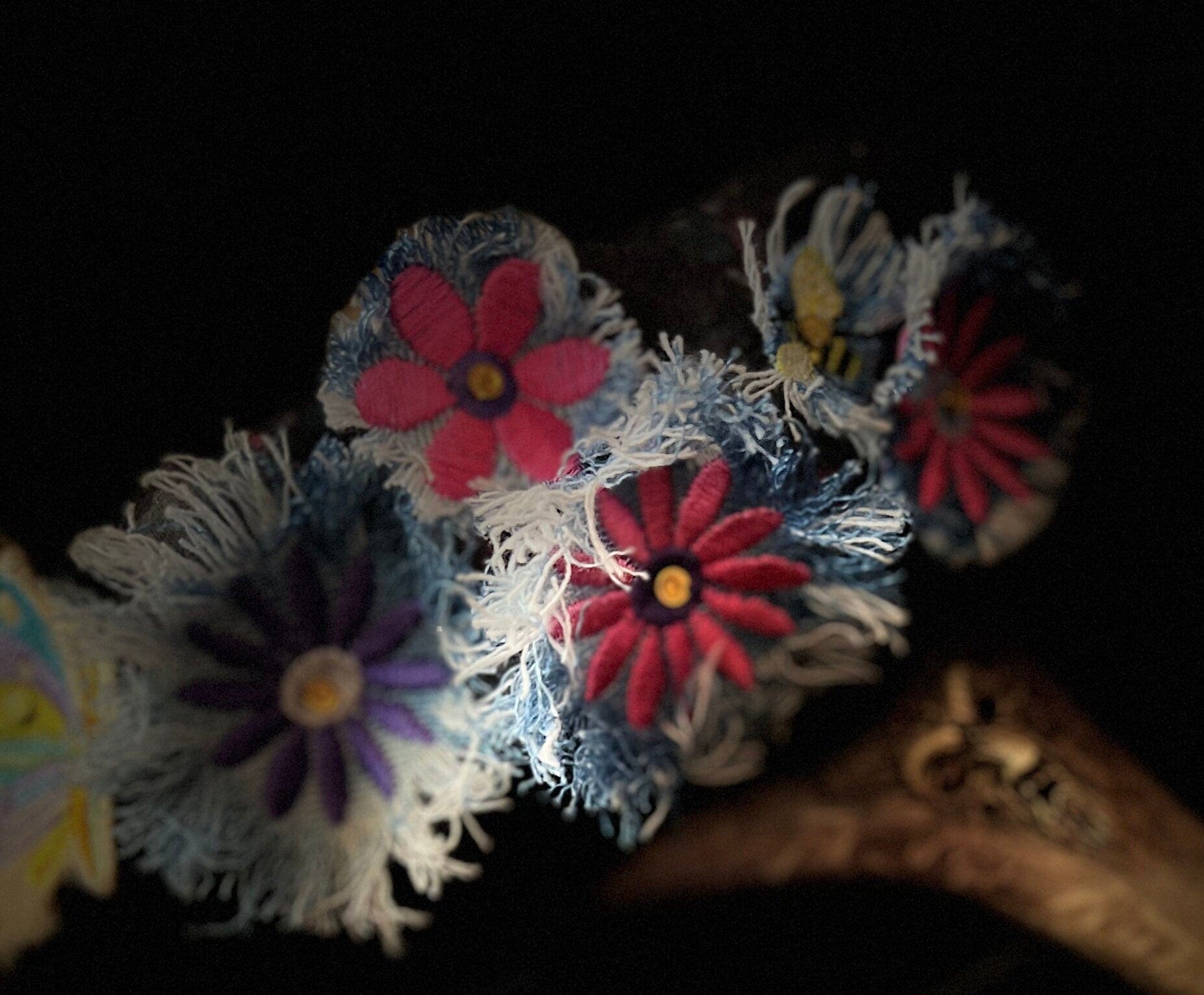 PURPLE FLOWER fringe Pin DECAL tie tack Handmade Embroidered Bleached Denim Frayed Lapel Patch Pin included art iron on unique ironon Brooches & Lapel Pins
