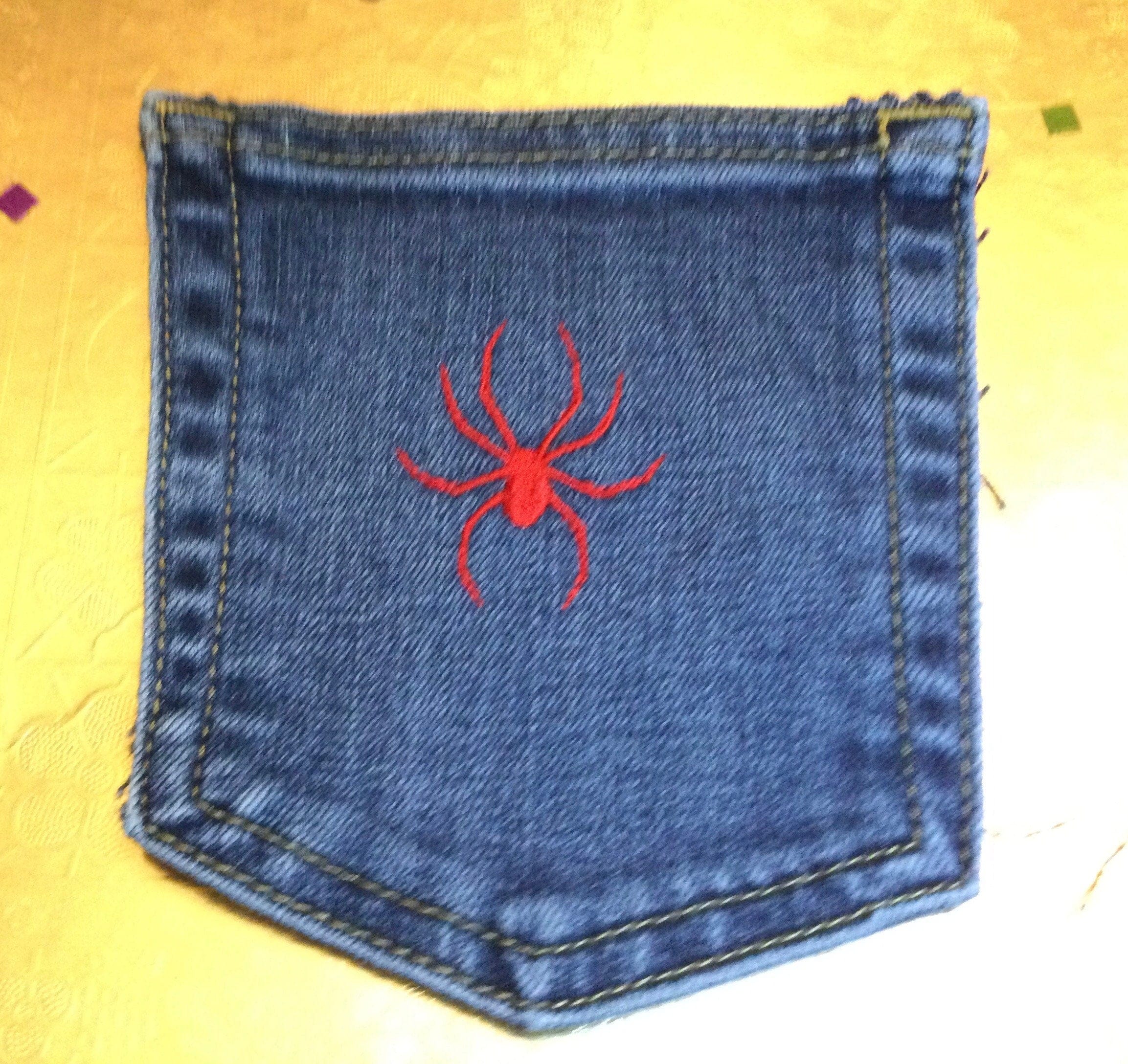Red Spider HOT POCKET - OOAK embroidered denim pocket patch 5X4 Iron On embroidery patches Appliques & Patches