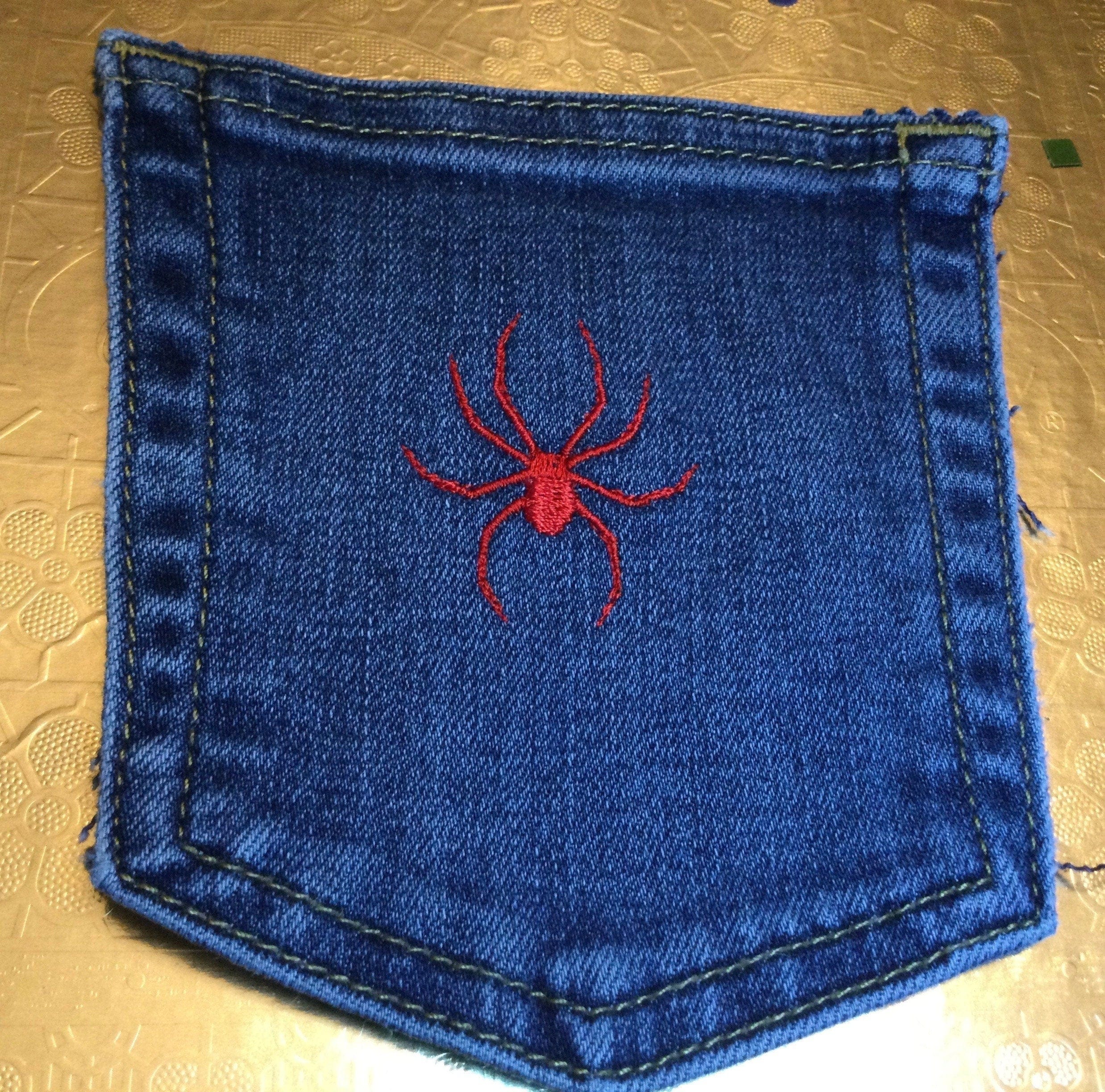 Red Spider HOT POCKET - OOAK embroidered denim pocket patch 5X4 Iron On embroidery patches Appliques & Patches
