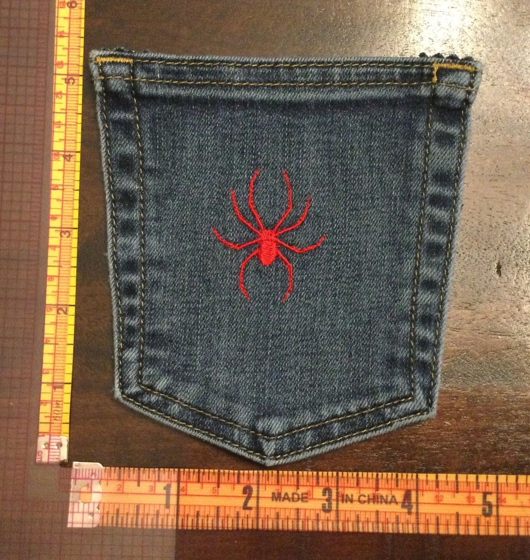 Red Spider HOT POCKET - OOAK embroidered denim pocket patch 5X4 Iron On embroidery patches Appliques & Patches
