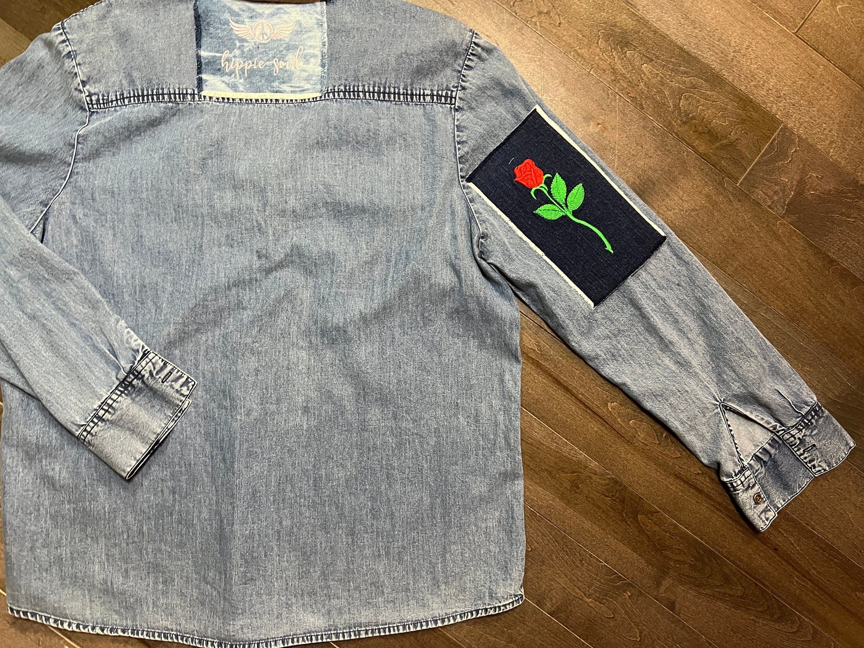 ROSE SOULE PATCH - Red Long Stem Iron On Embroidered Indigo Denim pocket patch 4 X 7.5 Appliques & Patches