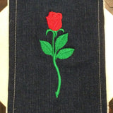 ROSE SOULE PATCH - Red Long Stem Iron On Embroidered Indigo Denim pocket patch 4 X 7.5 Appliques & Patches