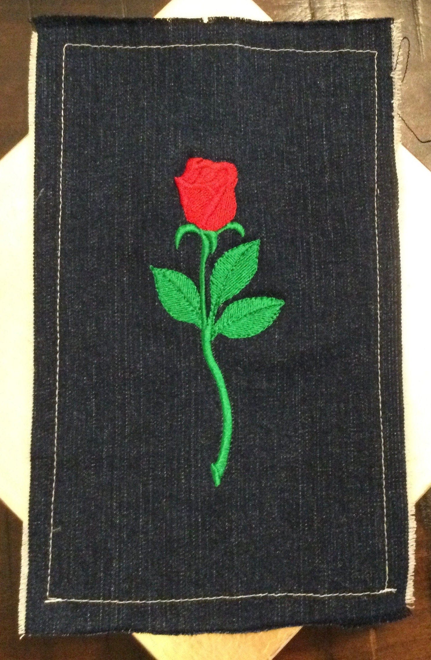 ROSE SOULE PATCH - Red Long Stem Iron On Embroidered Indigo Denim pocket patch 4 X 7.5 Appliques & Patches