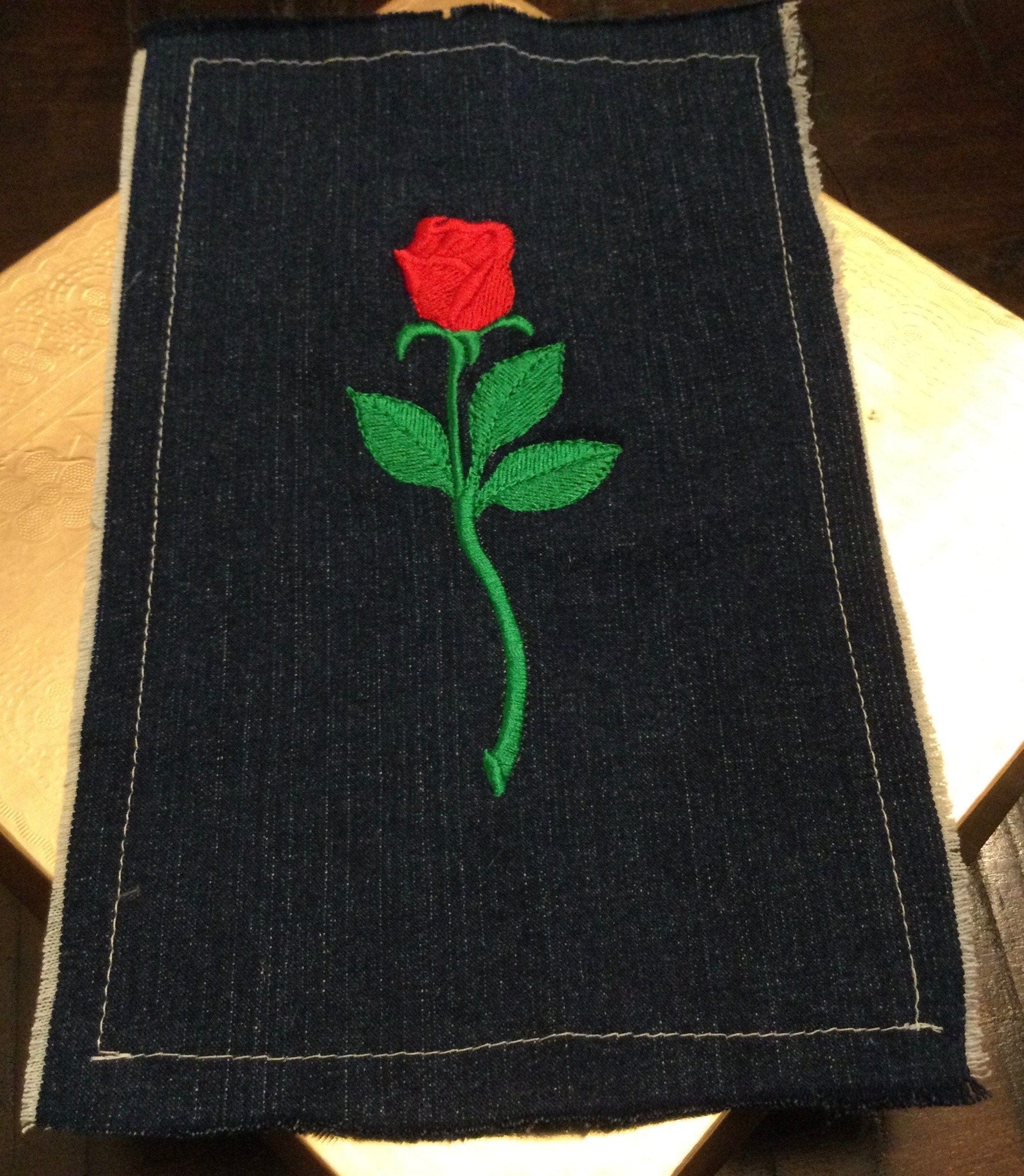 ROSE SOULE PATCH - Red Long Stem Iron On Embroidered Indigo Denim pocket patch 4 X 7.5 Appliques & Patches