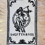 SAGITARIUS Zodiac Tarot SOULE PATCH art Iron On white denim patch 4 X 6 black embroidered Tarrot Decal Blue Jean Fringed Fray edges handmade Tarot Cards