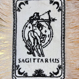 SAGITARIUS Zodiac Tarot SOULE PATCH art Iron On white denim patch 4 X 6 black embroidered Tarrot Decal Blue Jean Fringed Fray edges handmade Tarot Cards