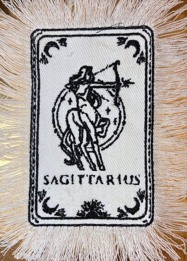 SAGITARIUS Zodiac Tarot SOULE PATCH art Iron On white denim patch 4 X 6 black embroidered Tarrot Decal Blue Jean Fringed Fray edges handmade Tarot Cards