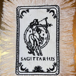 SAGITARIUS Zodiac Tarot SOULE PATCH art Iron On white denim patch 4 X 6 black embroidered Tarrot Decal Blue Jean Fringed Fray edges handmade Tarot Cards