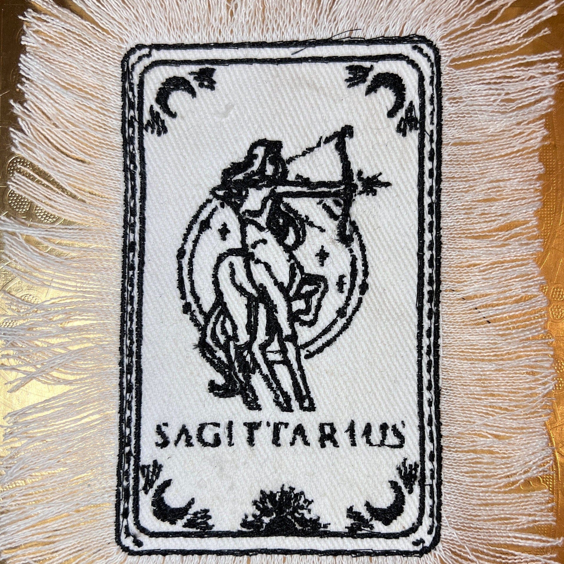 SAGITARIUS Zodiac Tarot SOULE PATCH art Iron On white denim patch 4 X 6 black embroidered Tarrot Decal Blue Jean Fringed Fray edges handmade Tarot Cards