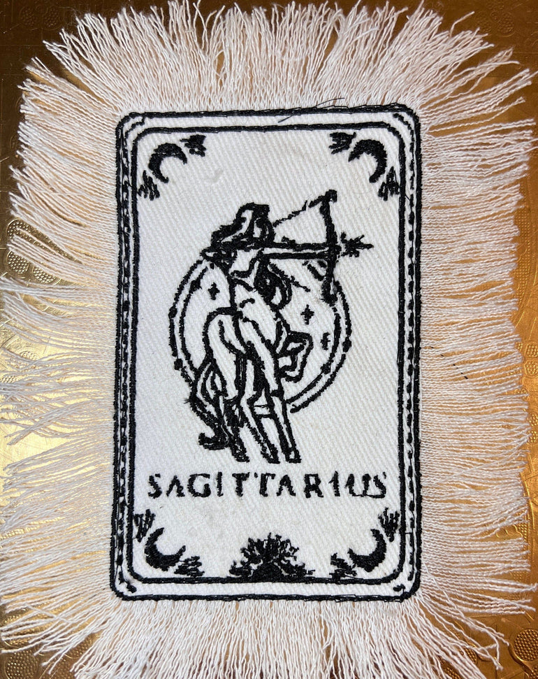 SAGITARIUS Zodiac Tarot SOULE PATCH art Iron On white denim patch 4 X 6 black embroidered Tarrot Decal Blue Jean Fringed Fray edges handmade Tarot Cards