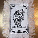 SAGITARIUS Zodiac Tarot SOULE PATCH art Iron On white denim patch 4 X 6 black embroidered Tarrot Decal Blue Jean Fringed Fray edges handmade Tarot Cards