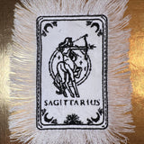 SAGITARIUS Zodiac Tarot SOULE PATCH art Iron On white denim patch 4 X 6 black embroidered Tarrot Decal Blue Jean Fringed Fray edges handmade Tarot Cards