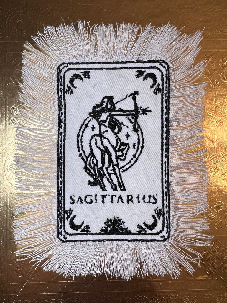 SAGITARIUS Zodiac Tarot SOULE PATCH art Iron On white denim patch 4 X 6 black embroidered Tarrot Decal Blue Jean Fringed Fray edges handmade Tarot Cards