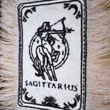 SAGITARIUS Zodiac Tarot SOULE PATCH art Iron On white denim patch 4 X 6 black embroidered Tarrot Decal Blue Jean Fringed Fray edges handmade Tarot Cards