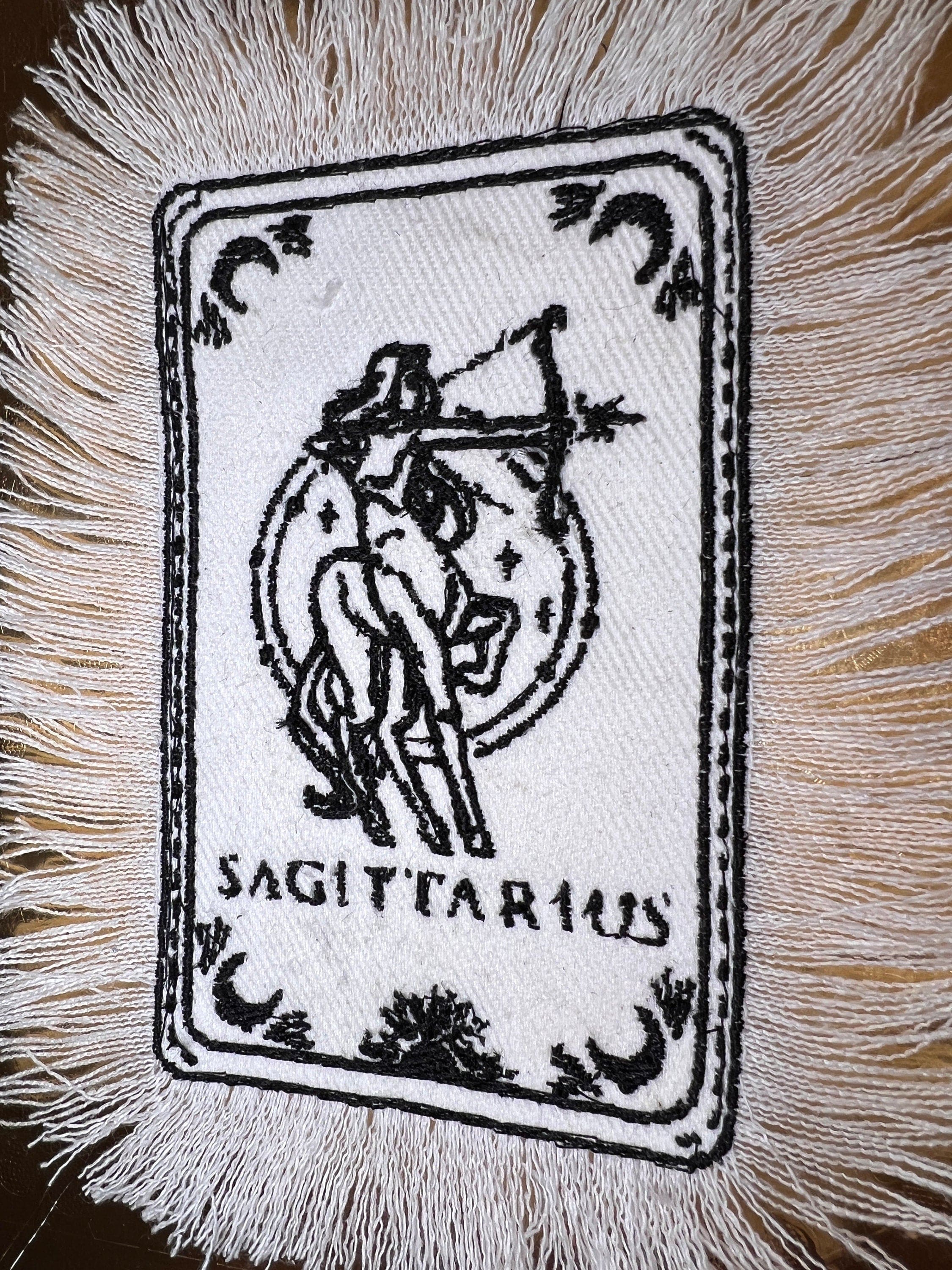 SAGITARIUS Zodiac Tarot SOULE PATCH art Iron On white denim patch 4 X 6 black embroidered Tarrot Decal Blue Jean Fringed Fray edges handmade Tarot Cards