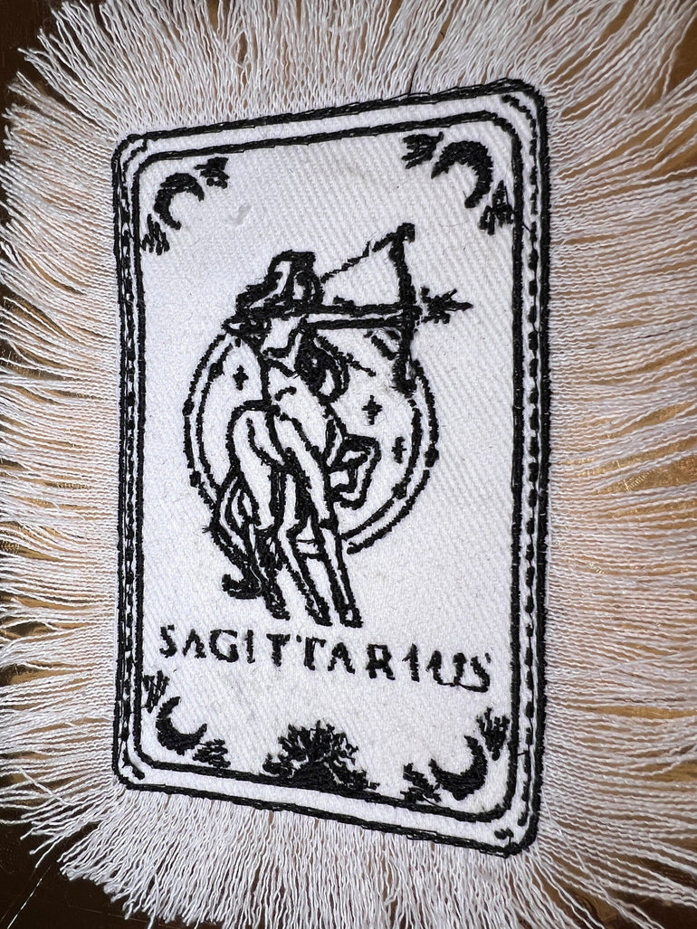 SAGITARIUS Zodiac Tarot SOULE PATCH art Iron On white denim patch 4 X 6 black embroidered Tarrot Decal Blue Jean Fringed Fray edges handmade Tarot Cards