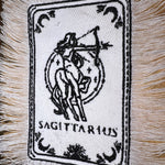 SAGITARIUS Zodiac Tarot SOULE PATCH art Iron On white denim patch 4 X 6 black embroidered Tarrot Decal Blue Jean Fringed Fray edges handmade Tarot Cards