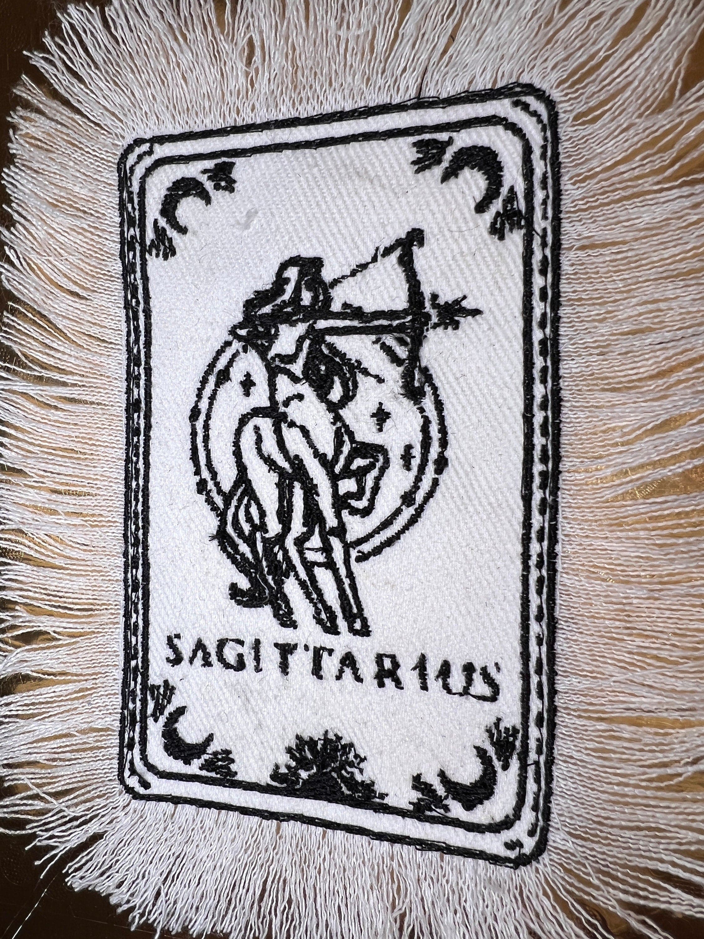 SAGITARIUS Zodiac Tarot SOULE PATCH art Iron On white denim patch 4 X 6 black embroidered Tarrot Decal Blue Jean Fringed Fray edges handmade Tarot Cards