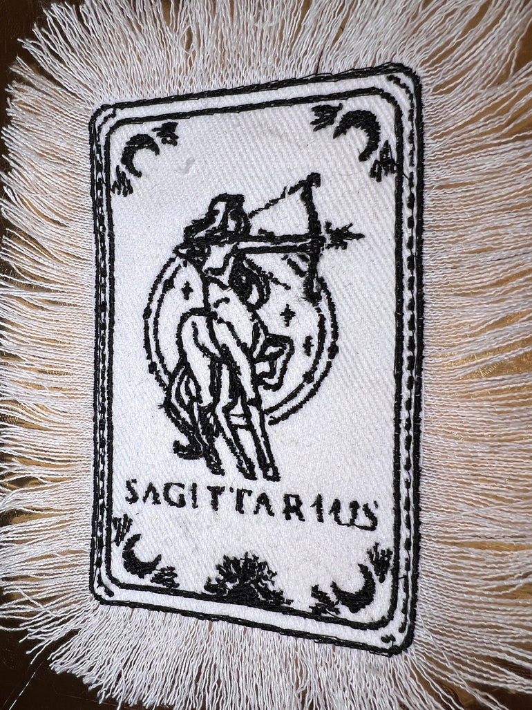 SAGITARIUS Zodiac Tarot SOULE PATCH art Iron On white denim patch 4 X 6 black embroidered Tarrot Decal Blue Jean Fringed Fray edges handmade Tarot Cards