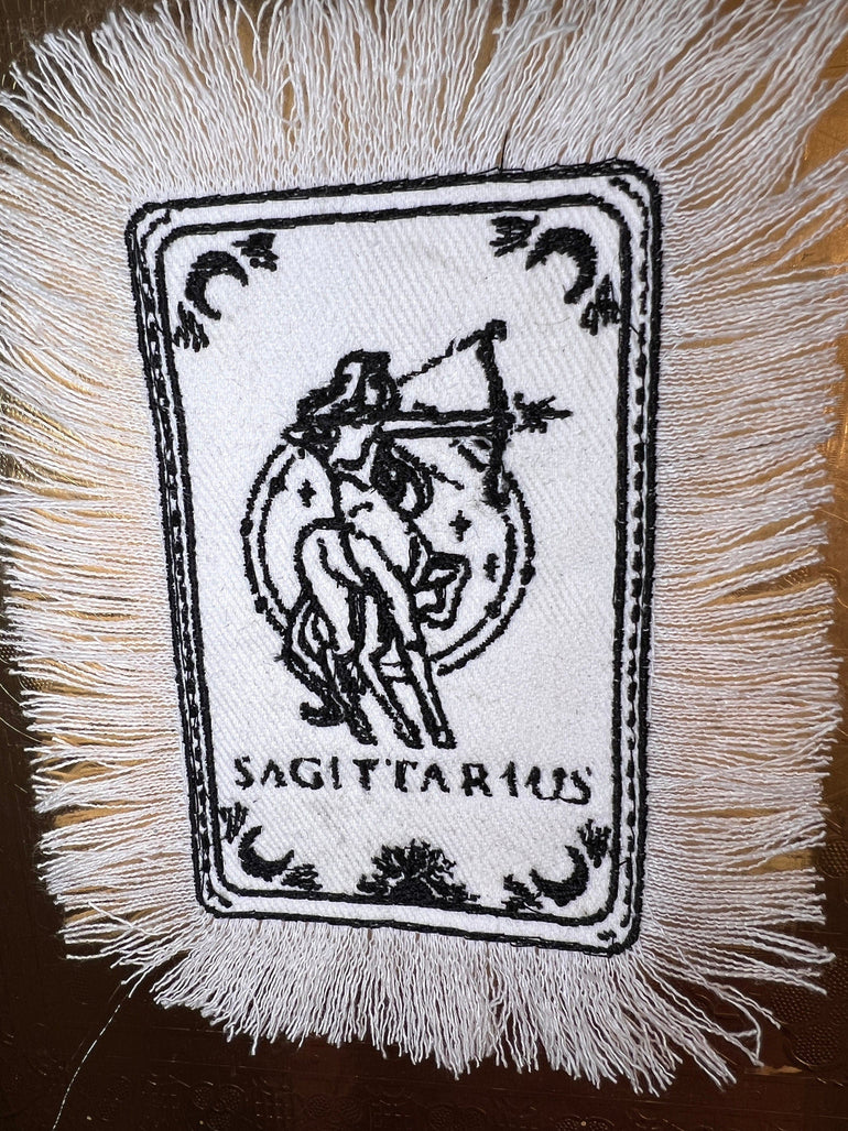 SAGITARIUS Zodiac Tarot SOULE PATCH art Iron On white denim patch 4 X 6 black embroidered Tarrot Decal Blue Jean Fringed Fray edges handmade Tarot Cards