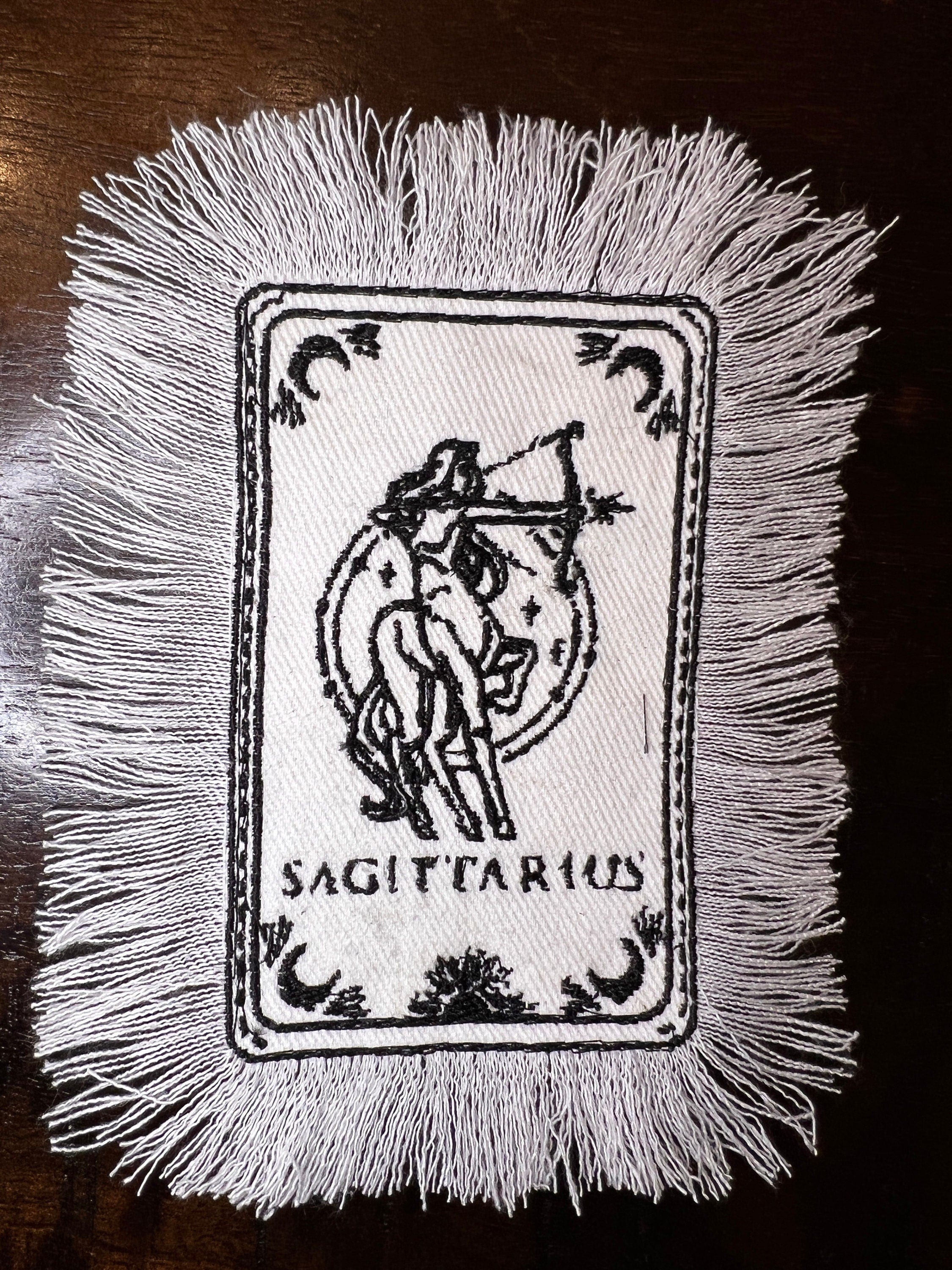 SAGITARIUS Zodiac Tarot SOULE PATCH art Iron On white denim patch 4 X 6 black embroidered Tarrot Decal Blue Jean Fringed Fray edges handmade Tarot Cards