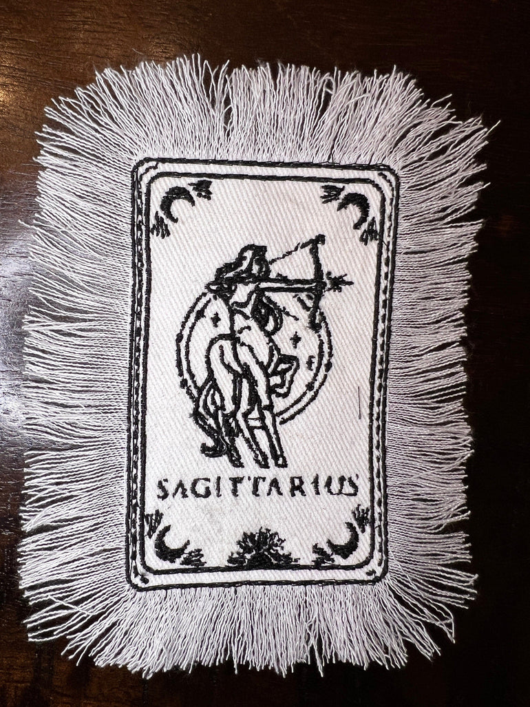SAGITARIUS Zodiac Tarot SOULE PATCH art Iron On white denim patch 4 X 6 black embroidered Tarrot Decal Blue Jean Fringed Fray edges handmade Tarot Cards